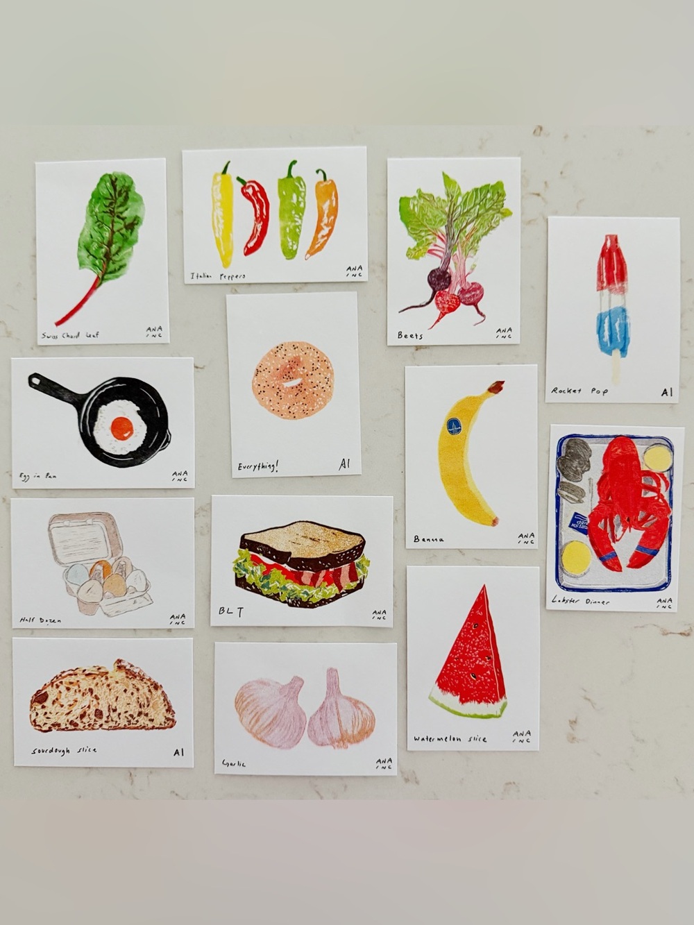Set of 13 food themed Inciardi machine mini art prints